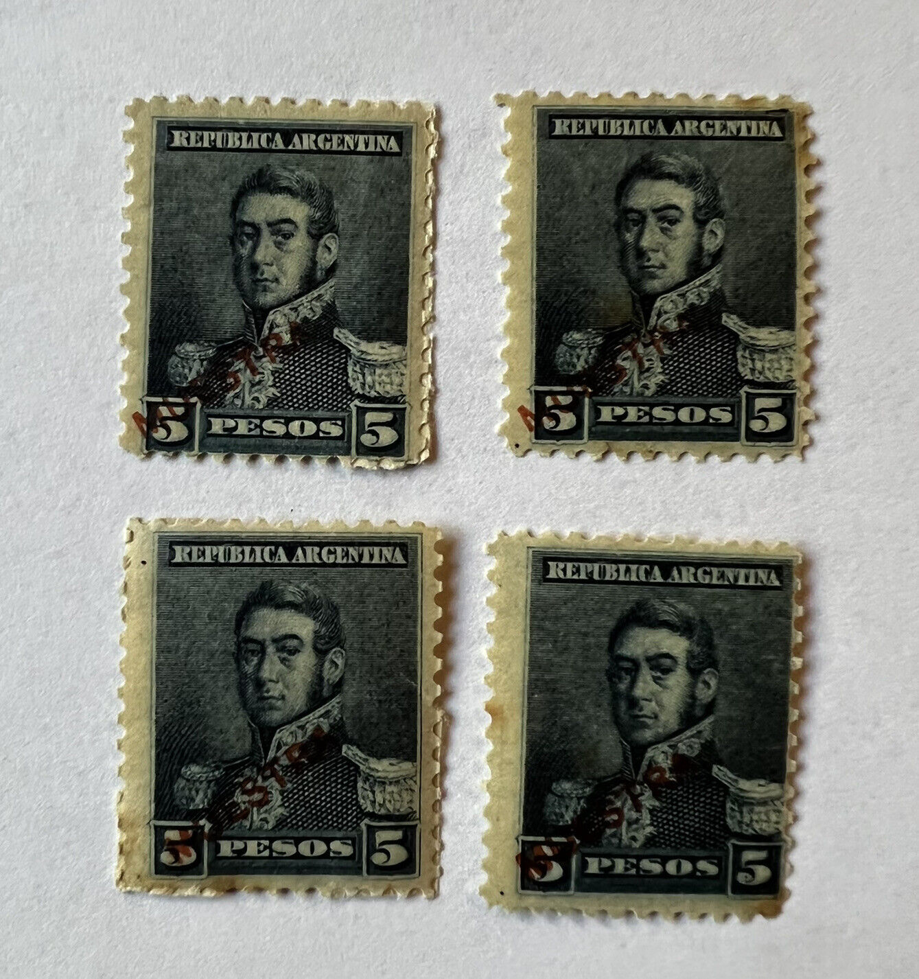 1892/1896 Argentina 5 Peso Lot Of 4 Specimen Overprint Stamps Unused Og