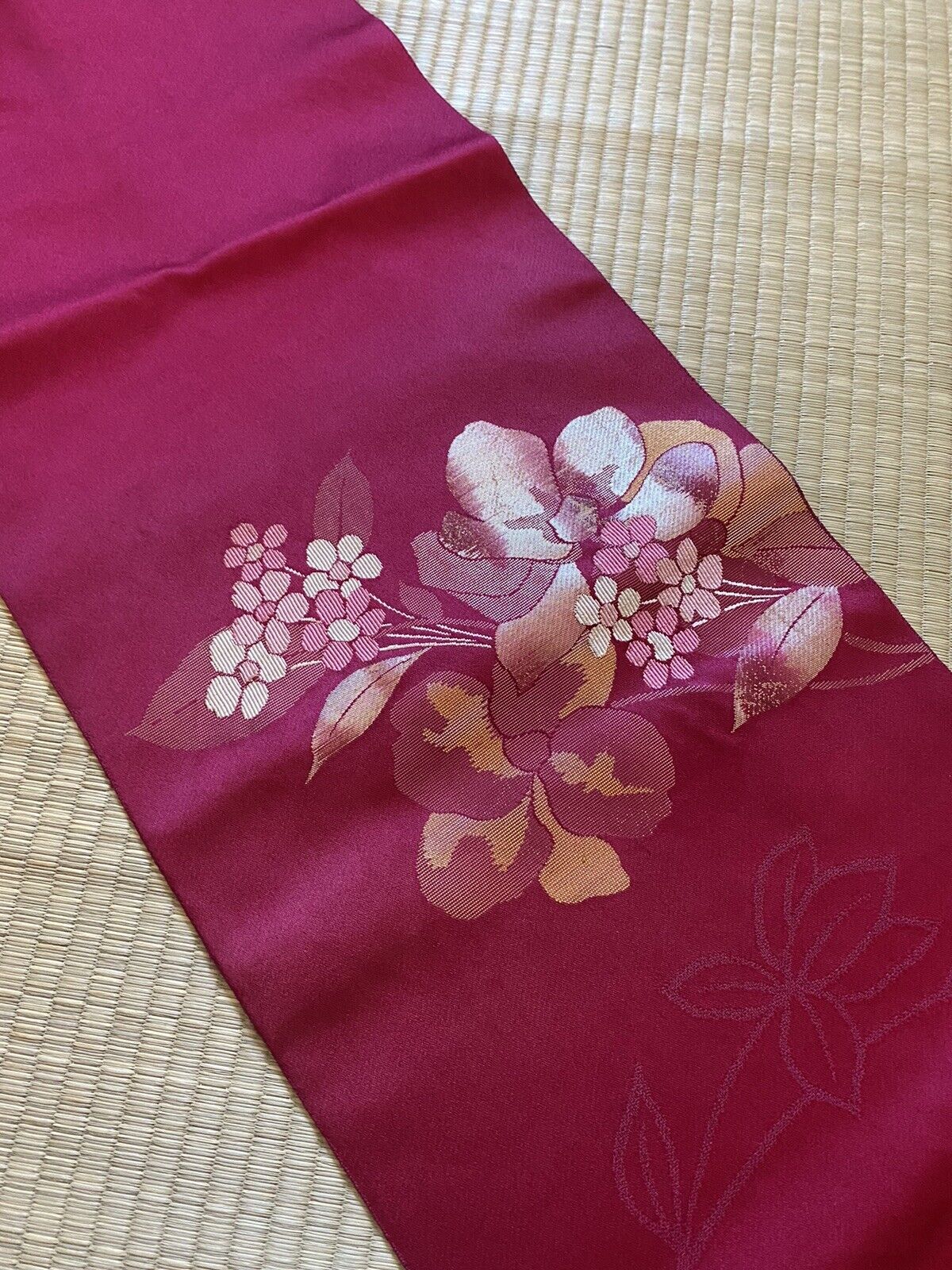 Vintage Japanese Nagoya Obi/  Wine Color  / Flowers Pattern #1414